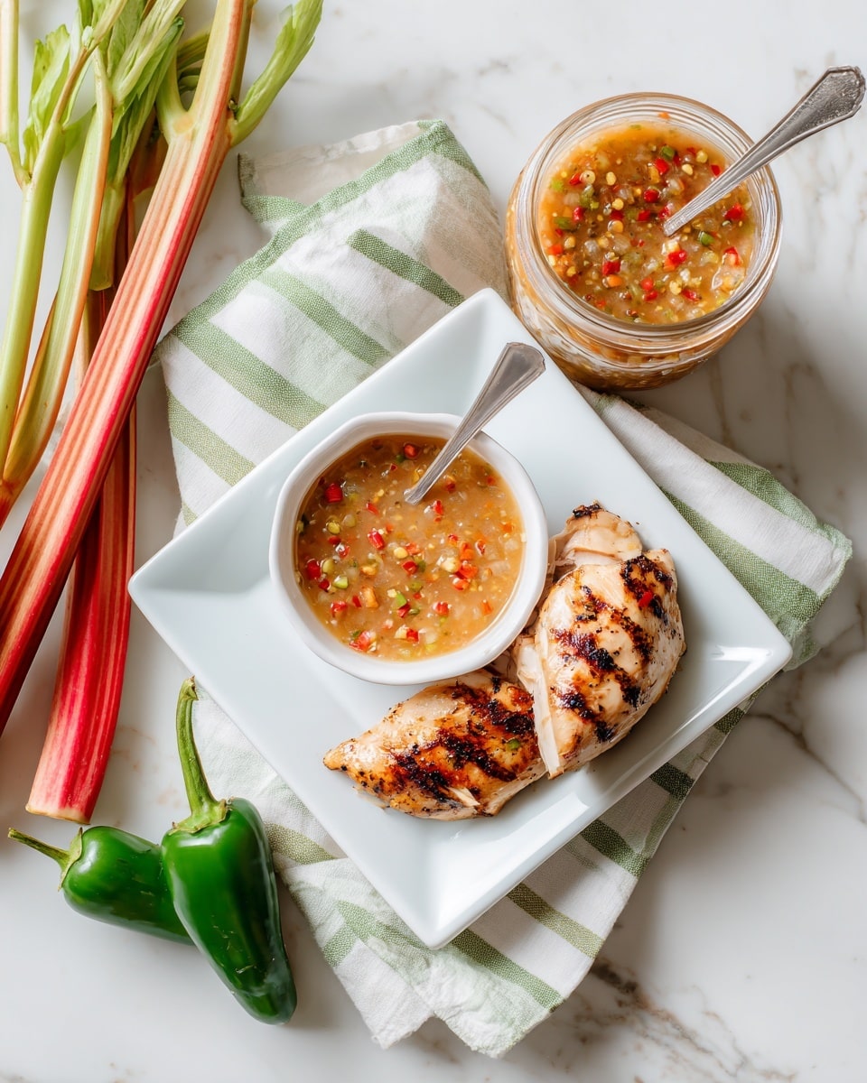 The image shows a white square plate with two grilled sliced chicken pieces, each topped with a light brown sauce that has small red and yellow bits. In the center of the plate, there is a small white bowl filled with the same sauce, with a silver spoon inside. Above the plate, there is a glass jar filled with the same sauce, also with a silver spoon. The plate and jar are placed on a white cloth with green stripes, which lies on a white marbled surface. Next to the cloth are fresh rhubarb stalks with green and red colors and a whole green jalapeño pepper. The scene is bright and clean. Photo taken with an iphone --ar 4:5 --v 7