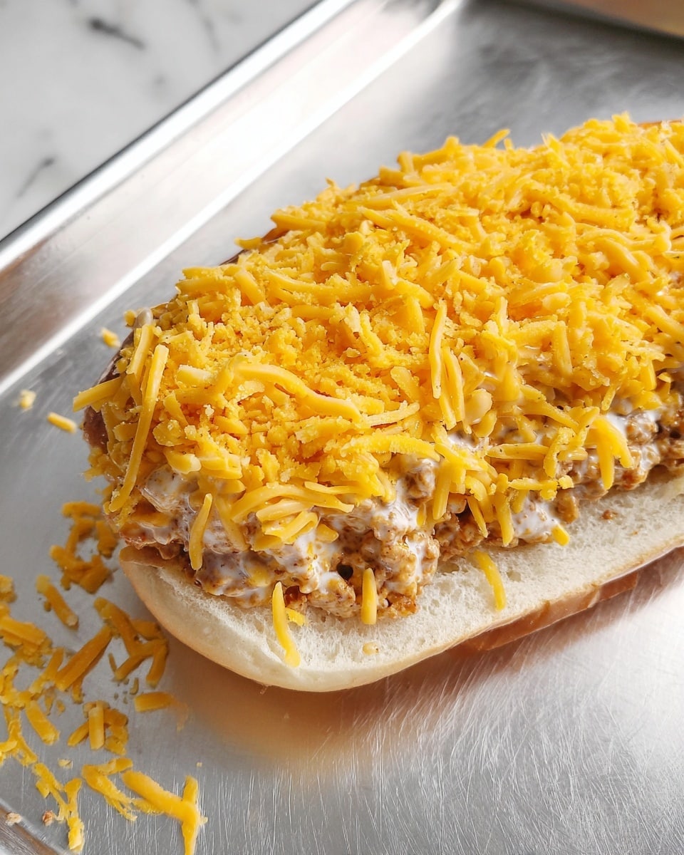 The image shows an open sandwich placed on a shiny metal tray with a white marbled texture underneath. The sandwich has three visible layers: the bottom bun, which is soft and light beige; a creamy mixture of cooked ground meat in a white sauce, spread thickly on top of the bun; and a generous layer of bright orange shredded cheddar cheese evenly scattered on the meat mixture, almost covering it fully. Some cheese shreds have spilled onto the tray around the sandwich. photo taken with an iphone --ar 4:5 --v 7