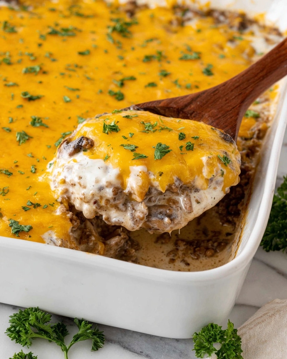 A white square baking dish filled with a creamy casserole that has three visible layers: a bottom layer of browned ground meat mixed with sliced mushrooms, a thick middle layer of creamy white sauce with visible texture, and a top layer of melted bright yellow cheddar cheese. The cheese layer is sprinkled with small green parsley pieces, adding a fresh color contrast. A wooden spoon is scooping a portion from the corner, showing the three layers clearly. The dish sits on a white marbled surface with a bit of parsley garnish around it. Photo taken with an iphone --ar 4:5 --v 7