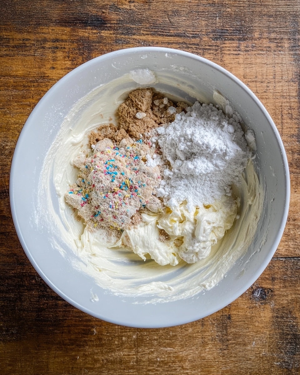 The image shows a white bowl with several ingredients inside, placed on a wooden surface. Inside the bowl, there is a creamy off-white layer of softened butter or cream cheese spread around the inner sides. On top of this layer, there are two piles of powder: one is light brown with small colorful bits, possibly a mix of crushed cereal or cookie crumbs, and the other is a bright white powder, likely powdered sugar, piled more towards the right side. There are also a few small clumps of a thick white creamy substance near the center and bottom right. The bowl is slightly stained with the creamy base around the edges. photo taken with an iphone --ar 4:5 --v 7