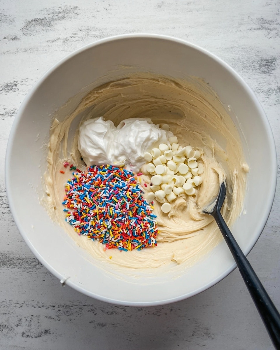 A white bowl holds one main creamy beige layer of batter with smooth texture and swirls. On top of the batter, there are three smaller distinct patches: two dollops of fluffy white whipped cream, a pile of small white chocolate chips with a soft round shape, and a mound of colorful sprinkles in red, blue, yellow, green, orange, and white, adding bright contrast. A black spoon rests on the right side inside the bowl. The bowl is placed on a white marbled surface. photo taken with an iphone --ar 4:5 --v 7