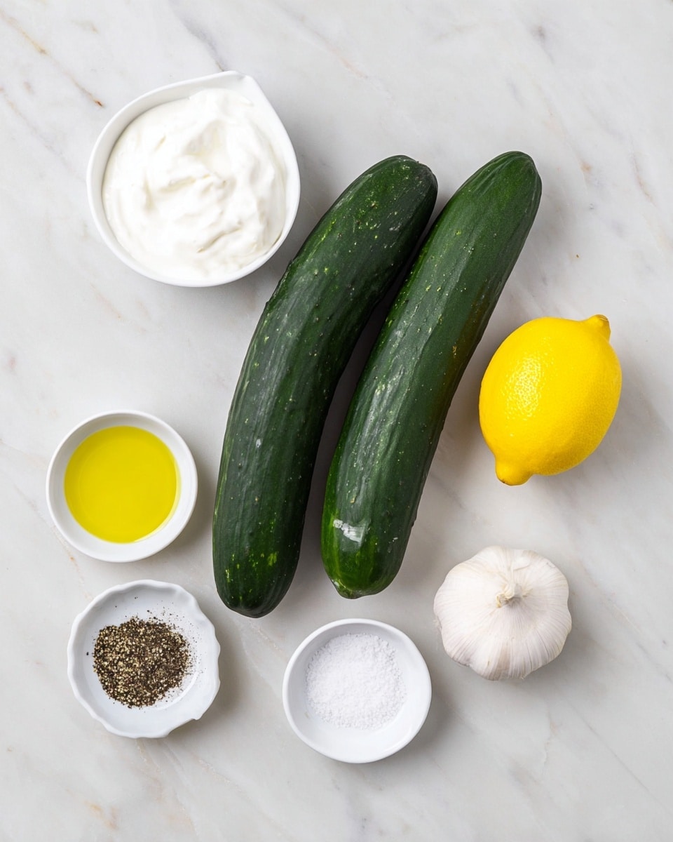 The image shows two long, dark green cucumbers placed side by side on a white marbled surface. Around them are six small white dishes and ingredients: a white dish filled with thick white yogurt, a white dish with white salt, a white dish with black pepper, a white dish with golden olive oil, a bright yellow lemon, and a whole white garlic bulb. The items are arranged neatly with space between them, creating a clean and fresh look. photo taken with an iphone --ar 4:5 --v 7