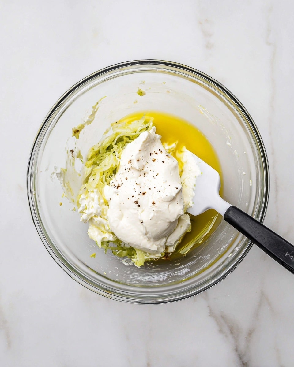 A clear glass bowl placed on a white marbled surface holds three main layers: at the bottom, light green shredded vegetable or herb, topped with a dollop of thick white cream, and drizzle of yellow oil scattered around. A white spatula with a black handle rests inside the bowl, leaning on the cream layer. Small black specks, possibly pepper, are visible on the inside of the bowl near the oil. photo taken with an iphone --ar 4:5 --v 7