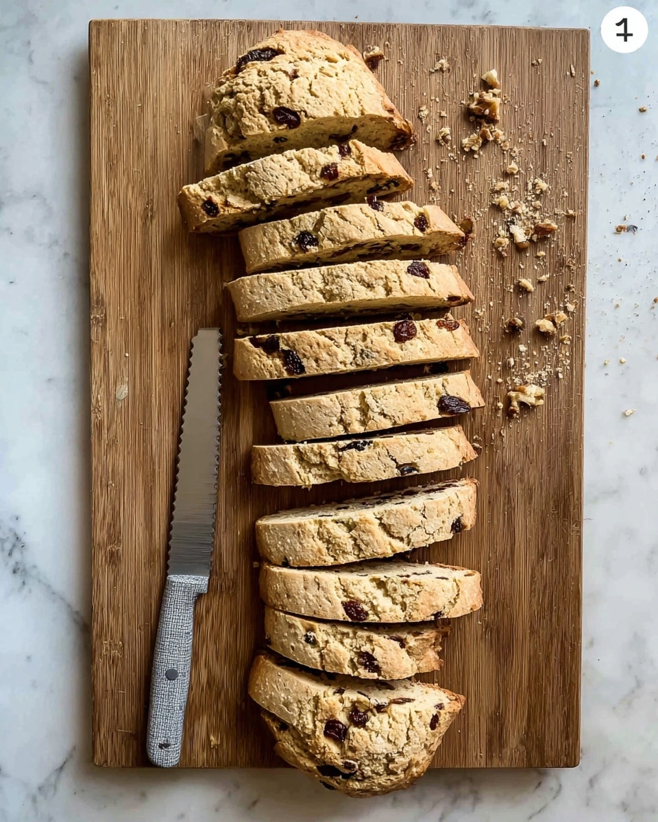 A long loaf of light brown biscotti with a rough cracked surface, sliced into eight pieces, arranged in a line on a wooden cutting board. The biscotti shows bits of dark raisins and nuts inside, with a few crumbs scattered at the top right of the board. A serrated knife with a gray and black handle lies on the left side, parallel to the biscotti. The whole scene is set on a white marbled surface. Photo taken with an iphone --ar 4:5 --v 7