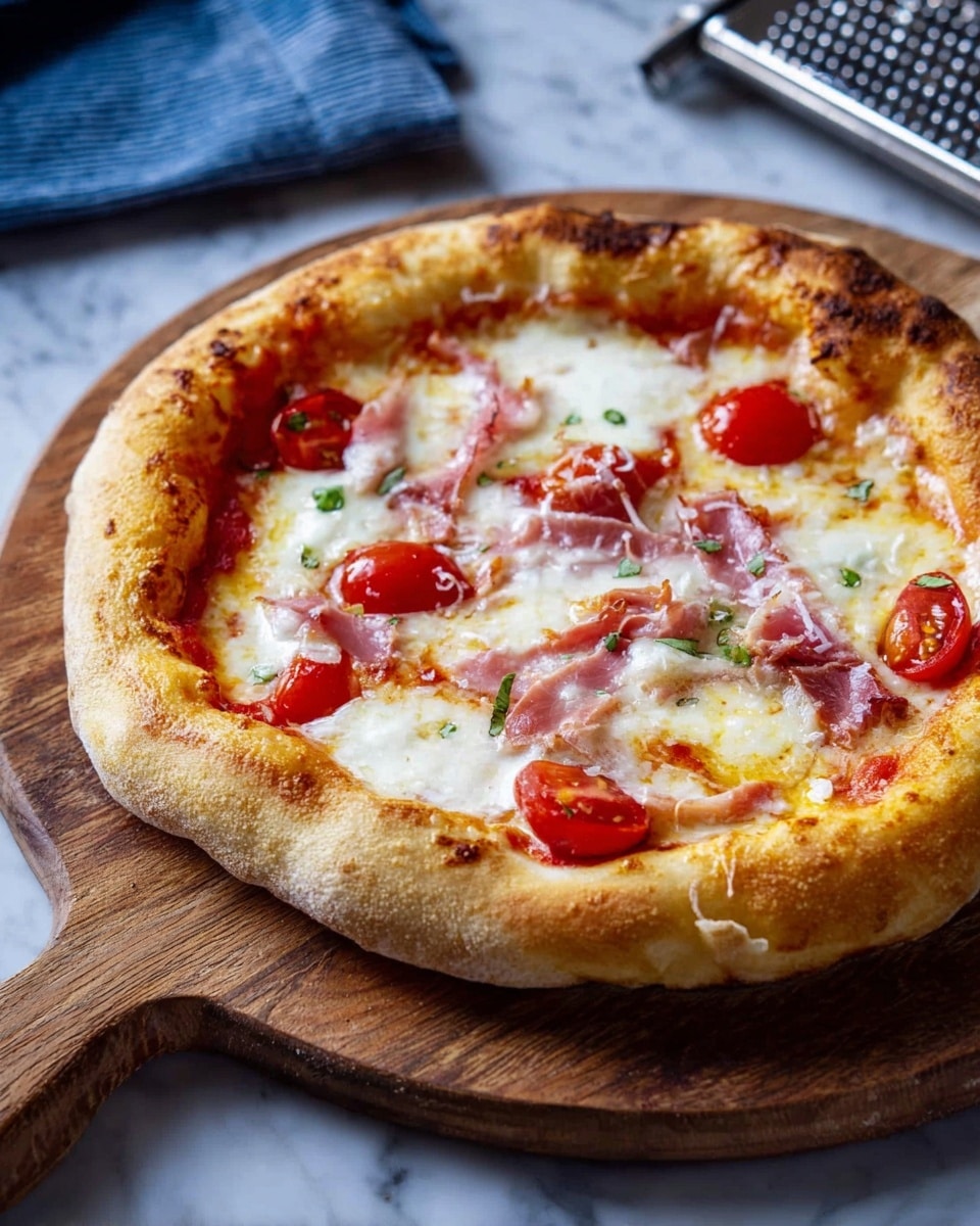 A pizza with a thick, puffy, and golden-brown crust forms the outer layer. The first inside layer is a thin spread of bright red tomato sauce, covered by a middle layer of melted white mozzarella cheese that bubbles with small golden spots. Scattered on top are thin slices of light pink ham and small bright red cherry tomatoes, adding pops of color. The pizza rests on a wooden board, placed on a white marbled surface, with a metal grater and blue cloth in the background. photo taken with an iphone --ar 4:5 --v 7