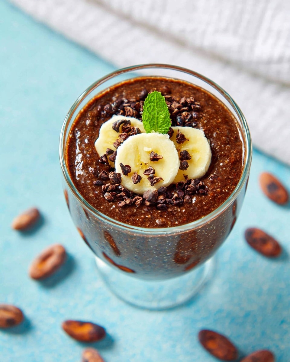 A clear glass cup filled with a thick, dark brown smoothie or pudding with a slightly grainy texture. On top, there are two or three thin slices of yellow banana placed in the center, scattered with small dark brown chocolate or cacao nibs. A small bright green mint leaf adds a fresh pop of color on top. The cup is placed on a light blue surface with scattered brown cacao beans around it, and a white cloth napkin with subtle folds is in the background. The overall look is fresh and inviting. photo taken with an iphone --ar 4:5 --v 7