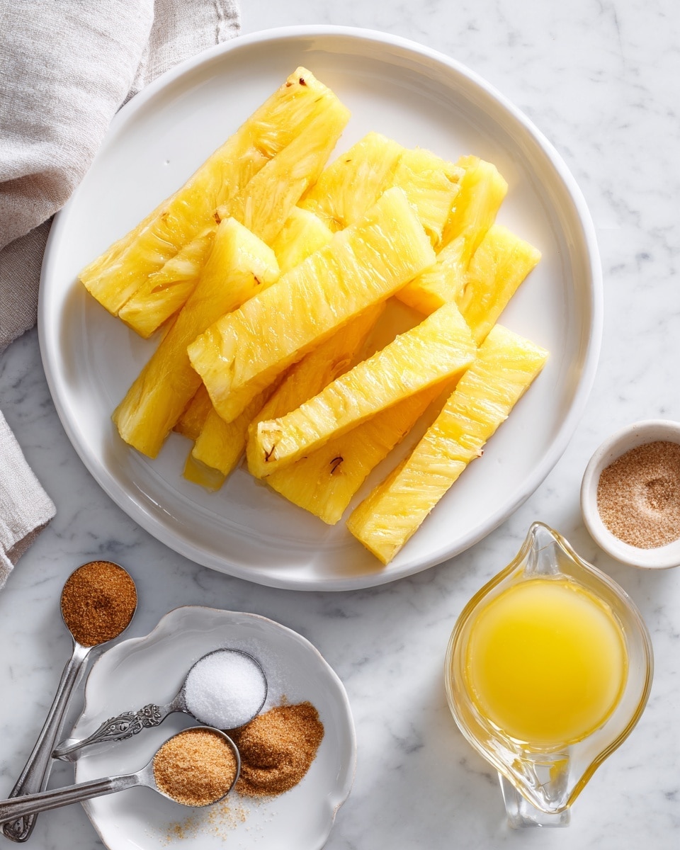 The image shows a white plate filled with several strips of bright yellow pineapple pieces, arranged in a slightly overlapping manner on a white marbled surface. Below the plate, there is another white plate holding four measuring spoons with brown sugar, sea salt, and cinnamon, each spoon filled and positioned neatly side by side. To the right of the plates, a clear glass measuring cup contains melted butter, displaying a rich yellow liquid. The whole setting is clean and brightly lit, with a simple and fresh look. Photo taken with an iphone --ar 4:5 --v 7