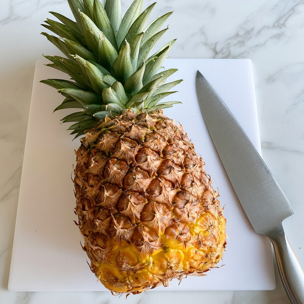 A whole pineapple lies on a white cutting board on a white marbled surface, showing its rough brown and yellow skin with spiky green leaves on top. The pineapple’s bottom part is golden yellow, and the skin texture is bumpy and rough. A large silver kitchen knife is placed to the right of the pineapple. The image is bright and clear, with natural lighting highlighting the details and colors of the pineapple and knife. photo taken with an iphone --ar 4:5 --v 7