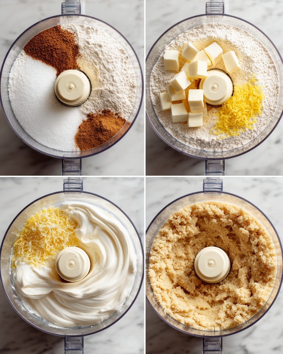 A clear food processor bowl is shown in four images on a white marbled surface, each displaying different layers of baking ingredients. The first image shows a layer of white flour topped with a mound of granulated white sugar and a small pile of brown spice powder, all arranged on the left side of the bowl, with the center part of the flour visible. The second image adds small cubes of pale yellow butter and a heap of bright yellow lemon zest on top of the flour layer. The third image shows the flour layer again with a dollop of thick white cream placed on one side. The fourth image reveals the mixture after processing, where all ingredients combine into a crumbly, pale yellow dough clinging around the central blade inside the bowl. photo taken with an iphone --ar 4:5 --v 7