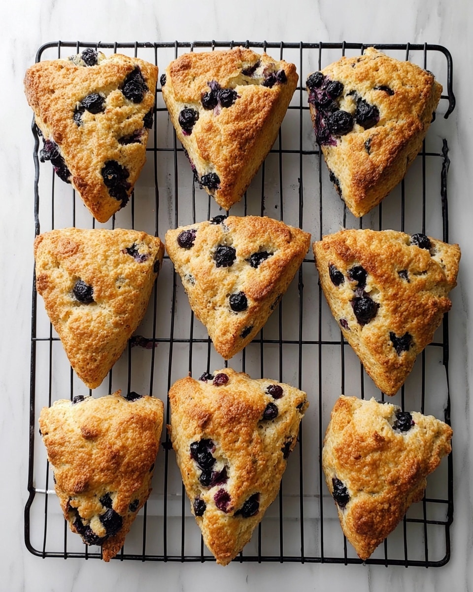 Eight triangular scones with a golden brown crust dotted with dark purple blueberries are arranged in two rows on a black wire cooling rack. The scones have a rough, crumbly texture with some blueberries slightly sunken and others peeking out on the top surface. The wire rack rests on a white marbled surface, adding a clean, bright background to the warm tones of the scones. photo taken with an iphone --ar 4:5 --v 7