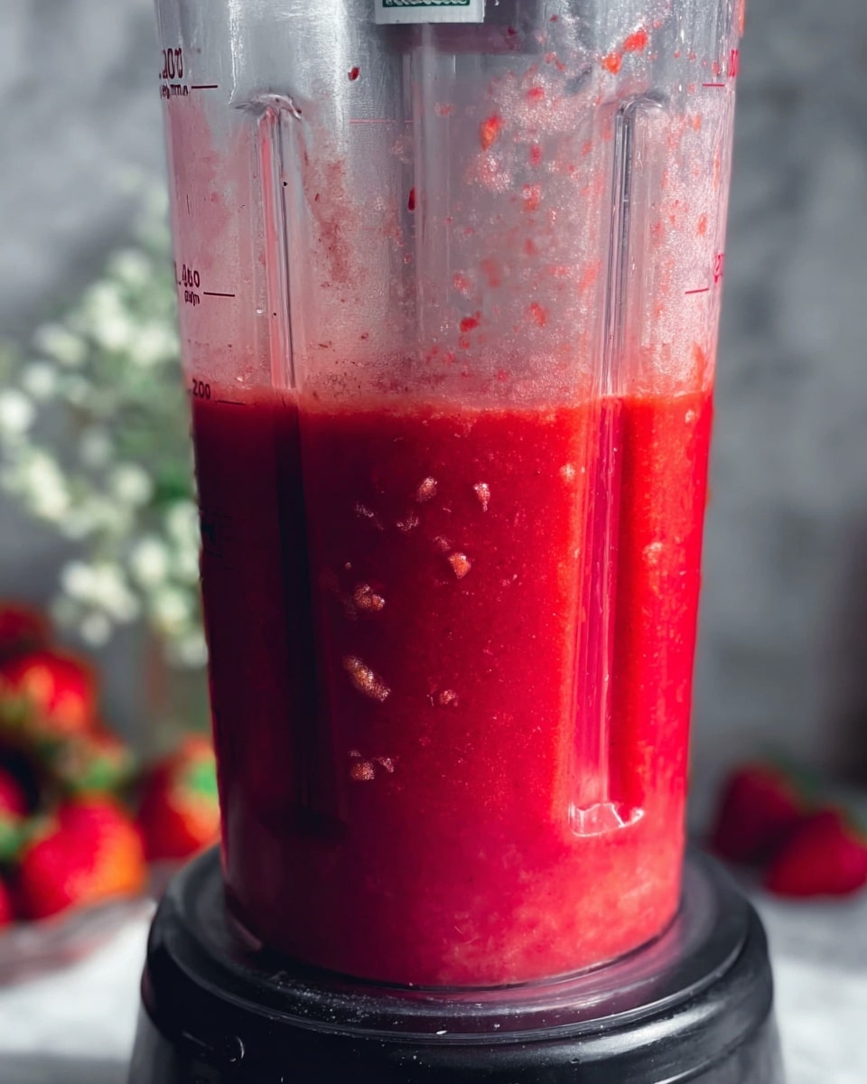 The image shows a close-up of a blender jar filled with a thick red smoothie, with visible small bits floating inside. The smoothie has two visible layers: a deeper red color at the bottom and a lighter, more pinkish red at the top with tiny bubbles and pulp. The blender jar is clear plastic with measurement markings of 200ml and 400ml visible, and it sits on a black base. In the background, there's a white marbled surface and blurred red strawberries and some small white flowers. Photo taken with an iphone --ar 4:5 --v 7