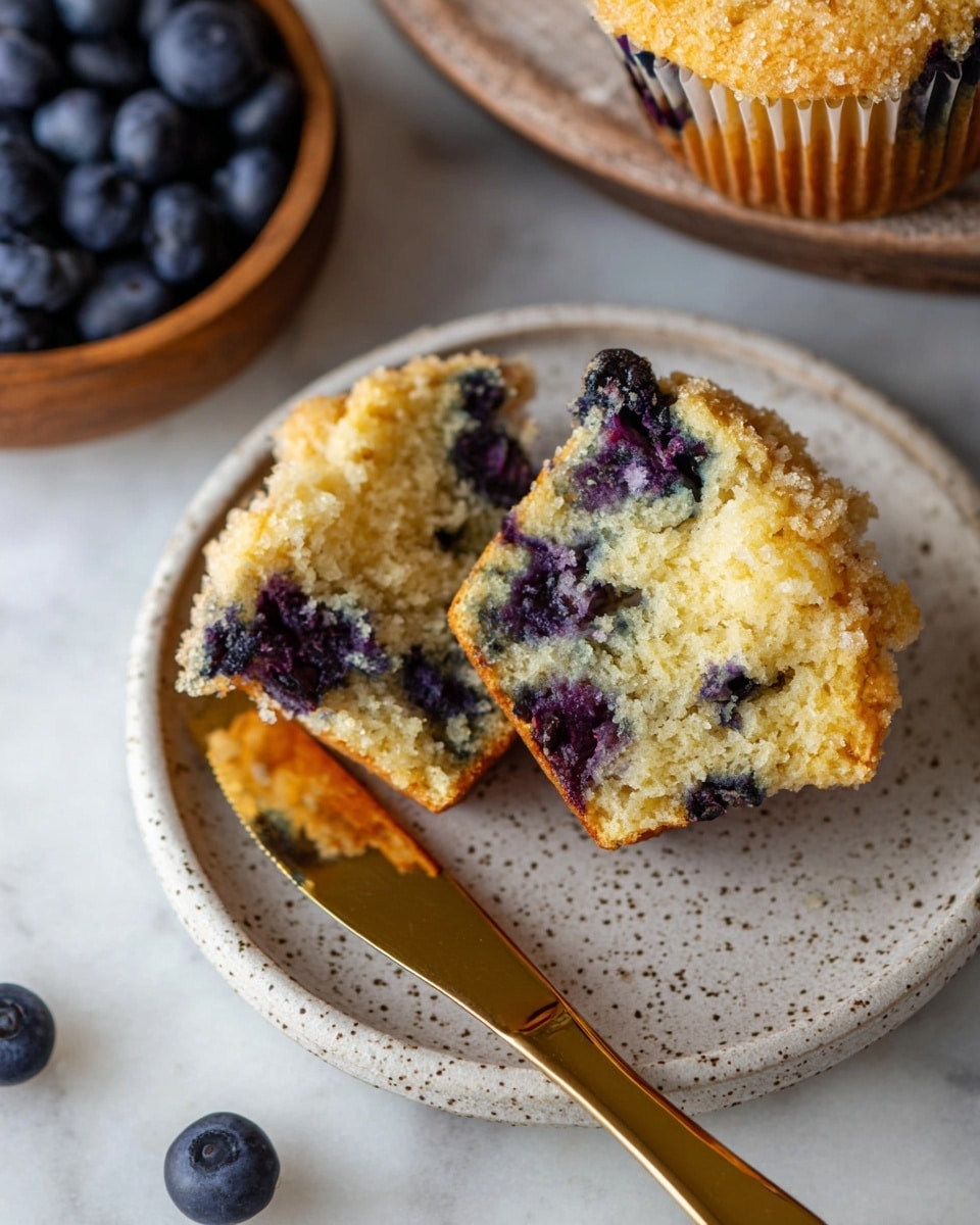 A close-up view shows a blueberry muffin broken into two large pieces on a white plate with a subtle speckled pattern. The muffin has a golden-brown crumbly top and a soft, light yellow inside mixed with dark purple blueberries scattered throughout. The muffin paper liner is partially peeled back, and a gold butter knife rests beside the muffin on the plate. Around the plate, a few loose blueberries are visible, and a wooden bowl filled with blueberries is partly in frame. The whole scene is set on a white marbled surface. photo taken with an iphone --ar 4:5 --v 7