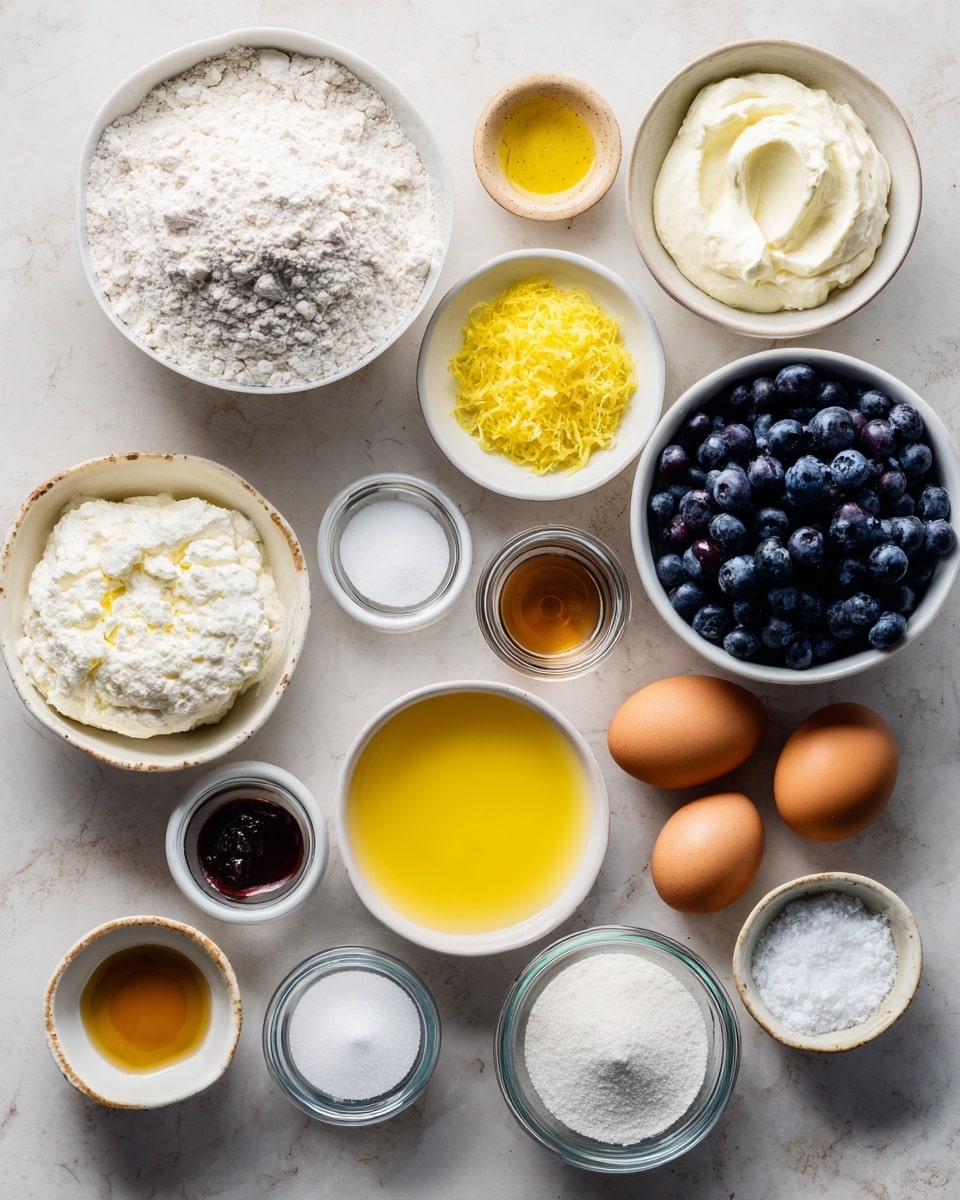 A white marble surface holds a neat arrangement of ingredients in white bowls and small glass containers. At the bottom left, a large bowl fills with plain white flour, next to it on the right is a bowl with bright golden melted butter. Above the flour, a small bowl with fresh yellow lemon zest sits beside another with lemon juice and a used lemon half. To the left of these, a small bowl contains light brown vanilla liquid. Moving upward, a larger bowl of white ricotta cheese stands next to a bowl filled with dark blue blueberries. Two brown eggs lie beside the ricotta and blueberries. Surrounding these are smaller glass jars and bowls containing white sugar, white salt, white baking soda, and white baking powder, all neatly placed on the marble. A small white bowl with off-white buttermilk sits on the top left corner. Each ingredient is clearly visible with distinct color and texture, arranged orderly on the white marbled surface photo taken with an iphone --ar 4:5 --v 7