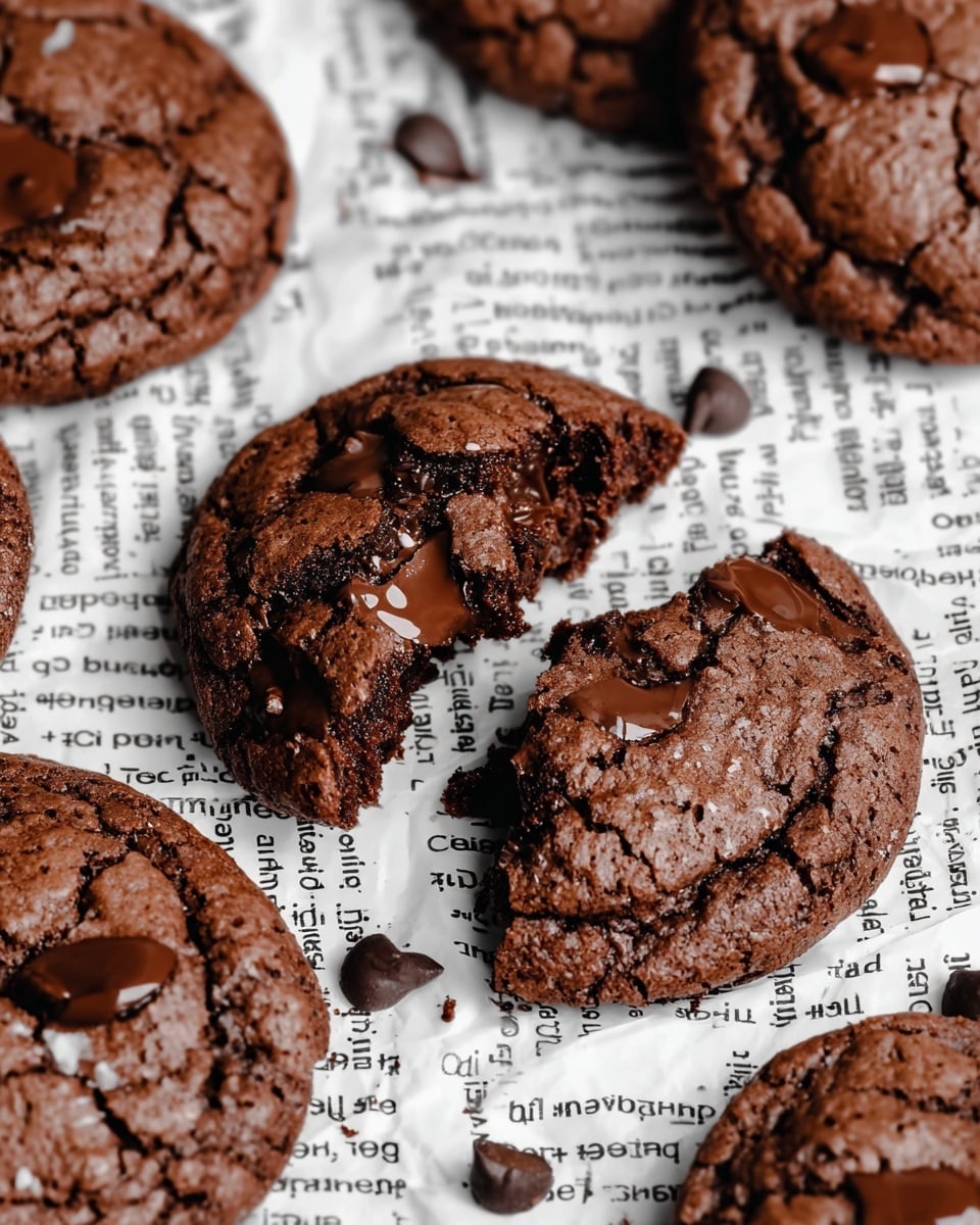 The image shows several rich, dark brown chocolate cookies with cracks and glossy melted chocolate chips on top, resting on white paper printed with black text. One cookie is broken into two pieces, revealing a soft, moist inside with more melted chocolate. The texture looks soft and slightly crumbly on the outside with gooey chocolate melted in parts. The background features a white marbled texture. photo taken with an iphone --ar 4:5 --v 7