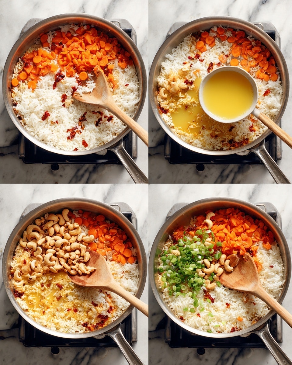 A large silver pan on a stove shows four steps of cooking a dish. In the first two images, sliced orange carrots form the bottom layer, topped unevenly with fluffy white rice mixed with small red pieces. A wooden spatula is stirring the mixture from the side. The third image shows a bright yellow liquid being poured into the center of the rice and carrots. The last image shows cashew nuts and chopped green onions sprinkled on top of the cooked rice mixture, while a bowl with light brown diced pieces is about to be added. The background is a white marbled surface. Photo taken with an iphone --ar 4:5 --v 7
