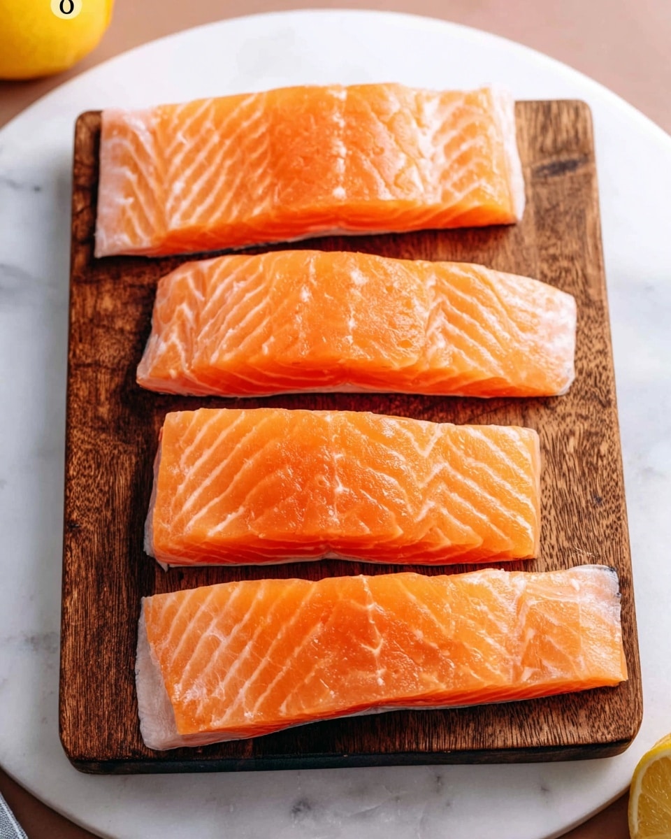 The image shows four thick pieces of fresh salmon placed side by side in a vertical line on a dark wooden cutting board. Each salmon piece has a smooth surface with a bright orange color, accented by thin white lines that run diagonally across the flesh, indicating layers of fat. The edges of the salmon pieces are pale pink with some white fat. The wooden board is sitting on a round white marbled surface, and there is a partial view of a yellow lemon at the top left corner and bottom right corner of the image. photo taken with an iphone --ar 4:5 --v 7