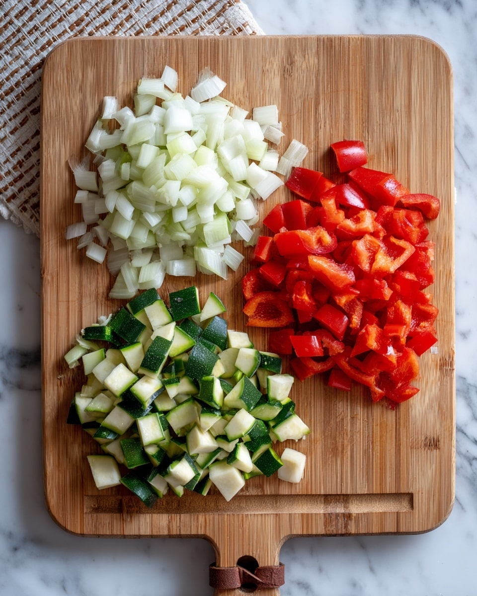 The image shows three groups of chopped vegetables on a light brown wooden board with a groove and a leather strap tied through a hole at the bottom. The top group consists of small white onion cubes, the bottom left group has green and white zucchini pieces with some dark green skin showing, and the bottom right group contains bright red bell pepper chunks. The board is placed on a white marbled surface with a woven pattern background partly visible. photo taken with an iphone --ar 4:5 --v 7