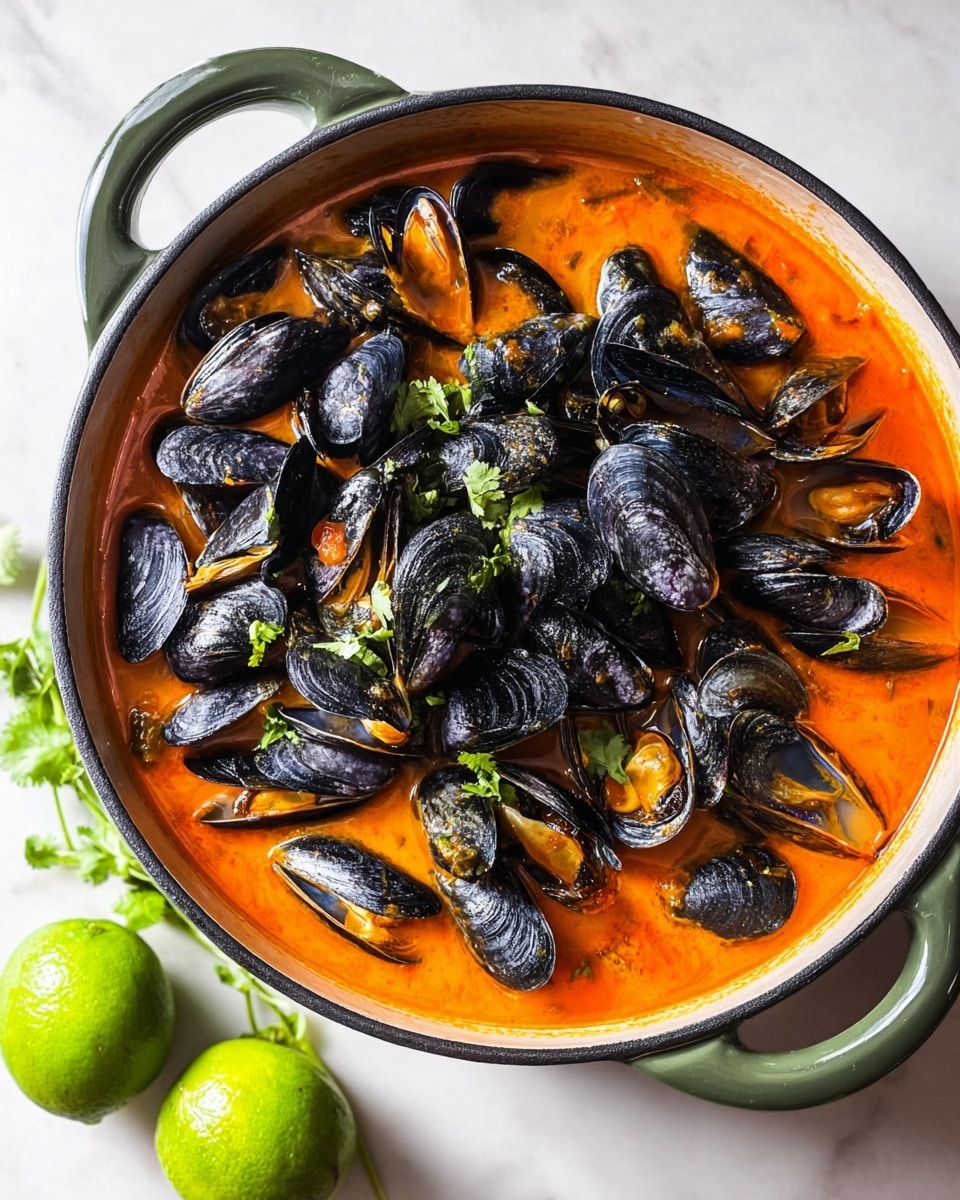 A round green pot filled with a rich orange-red soup base with visible chunks of tomato. On top, there is a large pile of shiny black mussels, some stacked in the middle and some spread around the edges. The pot has two handles, and it sits on a white marbled surface beside two bright green limes and fresh green herbs. The light shows reflections on the smooth, wet shells of the mussels and the creamy texture of the soup. Photo taken with an iphone --ar 4:5 --v 7