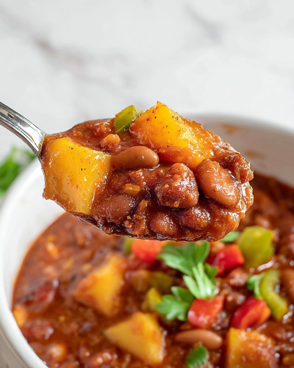The image shows a close-up of a spoonful of stew being held above a white bowl. The stew has three main layers: a thick, dark reddish-brown sauce layer that forms the base; on top of this, there are chunks of light yellow potatoes and diced green and red bell peppers that add texture and color; scattered throughout are medium-sized brown beans mixed in the sauce, adding depth to the stew. The spoon is metallic and shiny, reflecting some of the stew's colors, and the bowl underneath is white with a smooth, glossy finish. The background is a white marbled texture with a hint of green garnish visible around the bowl's edges photo taken with an iphone --ar 4:5 --v 7