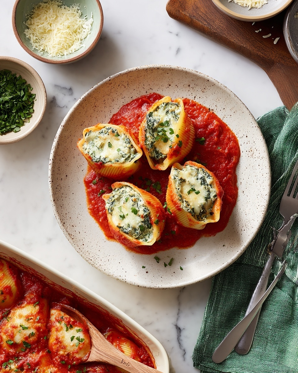 The image shows a white speckled round plate with three large stuffed pasta shells placed on a bright red tomato sauce base. Each pasta shell is filled with a creamy white and green spinach mixture, slightly browned on top, sprinkled with small green herbs. The plate is set on a white marbled textured surface with a green cloth napkin to the right and a fork and knife above. Nearby, there are bowls containing finely chopped green herbs and grated cheese. Below the plate is a white baking dish filled with more stuffed pasta shells nestled in tomato sauce, and a wooden spoon is scooping one shell. The photo taken with an iphone --ar 4:5 --v 7
