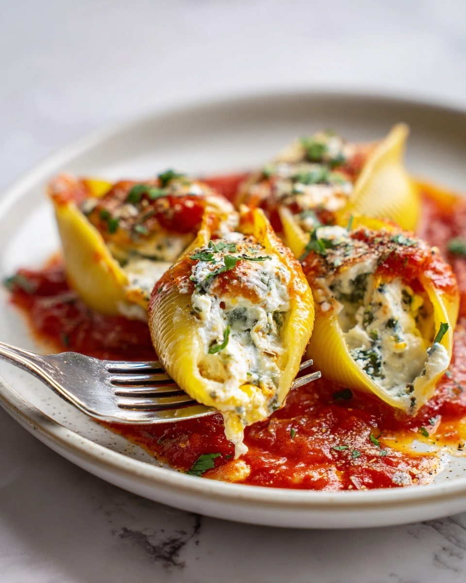 The image shows a close-up of two stuffed pasta shells on a white plate with a white marbled texture underneath. The pasta shells are yellow with a slightly shiny texture, filled with a white cheese mixture mixed with green herbs. Bright red tomato sauce with visible chunks and herbs covers the plate and surrounds the shells. A silver fork holds one pasta shell up, revealing the creamy filling and some sprinkled chopped green herbs on top. The scene is well-lit, showing the fresh ingredients clearly. Photo taken with an iphone --ar 4:5 --v 7