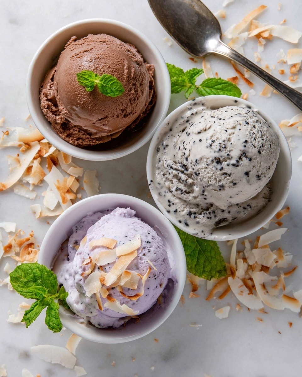 The image shows three small white bowls each with two scoops of ice cream on a white marbled surface. The top bowl has rich brown chocolate ice cream, smooth and slightly shiny, garnished with a small green mint leaf in the center. The right bowl holds creamy grey ice cream speckled with black sesame seeds scattered on top and throughout, giving a textured look. The bottom bowl contains light purple ice cream topped with thin toasty coconut flakes that add crunch and contrast to the smooth surface. Around the bowls, more toasted coconut flakes and fresh green mint leaves are lightly spread. A shiny metal spoon rests beside the bowls. photo taken with an iphone --ar 4:5 --v 7