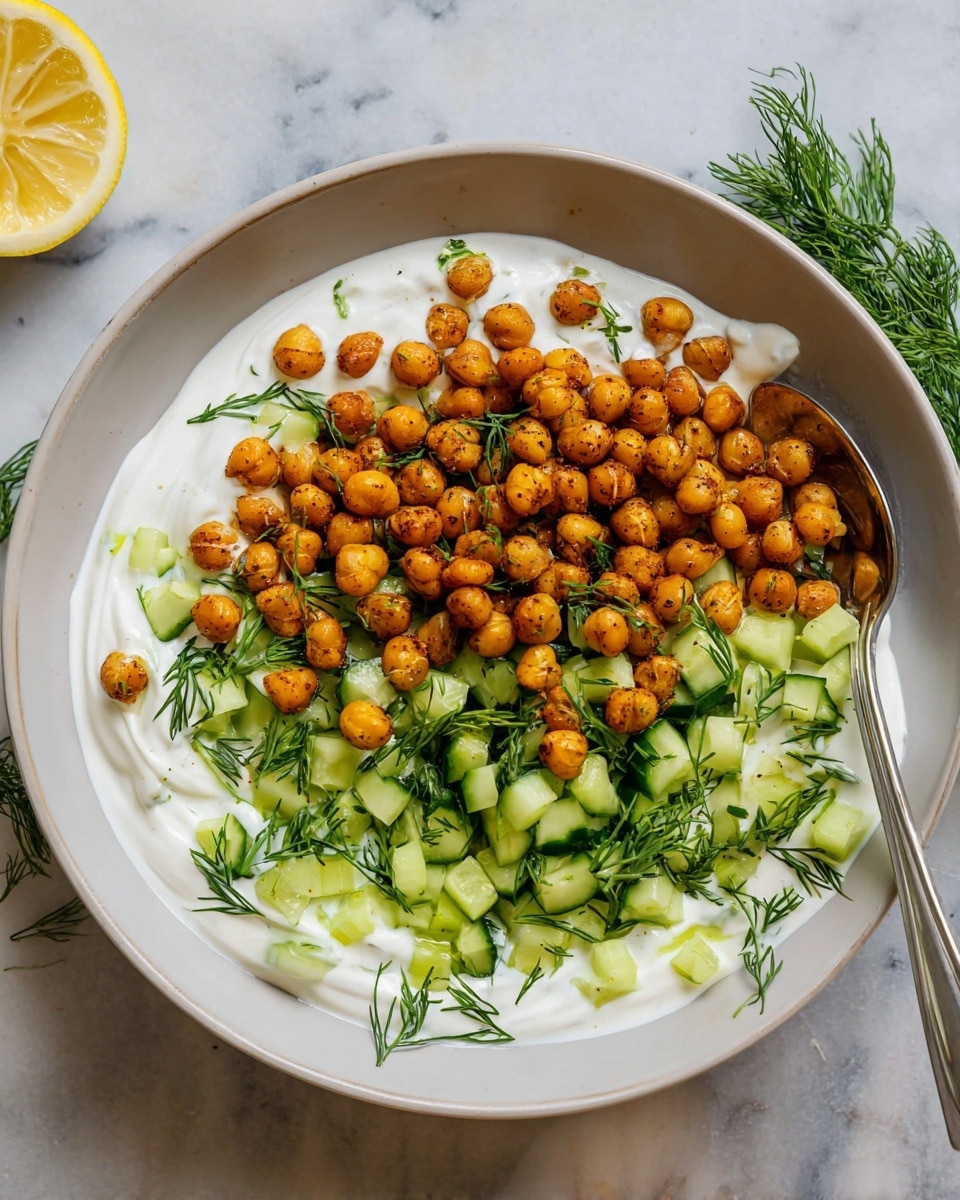 A white bowl holds three main layers starting with a smooth thick white yogurt spread all over the base. On top of this is a layer of small green cucumber cubes mixed with bright green dill herb sprigs, evenly scattered. The top layer is golden roasted chickpeas, round and crispy, spread over the cucumbers and dill. A silver spoon is placed inside the bowl on the right side. The bowl sits on a white marbled surface with a partial lemon and sprigs of dill visible nearby. Photo taken with an iphone --ar 4:5 --v 7