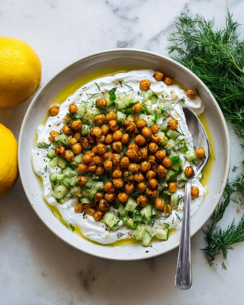 A white bowl holds a three-layered dish, starting with a thick, creamy white yogurt layer spread evenly at the bottom. On top of the yogurt, there is a layer of small diced green cucumbers mixed with fresh dill, giving a dotted texture of green and dark green. The top layer is covered with golden brown roasted chickpeas that add a crunchy look. A small amount of olive oil glistens on the surface of the yogurt around the edges. A silver spoon rests on the right side of the bowl. The bowl sits on a white marbled surface with two whole bright yellow lemons on the left and fresh dill placed on the bottom right. Photo taken with an iphone --ar 4:5 --v 7