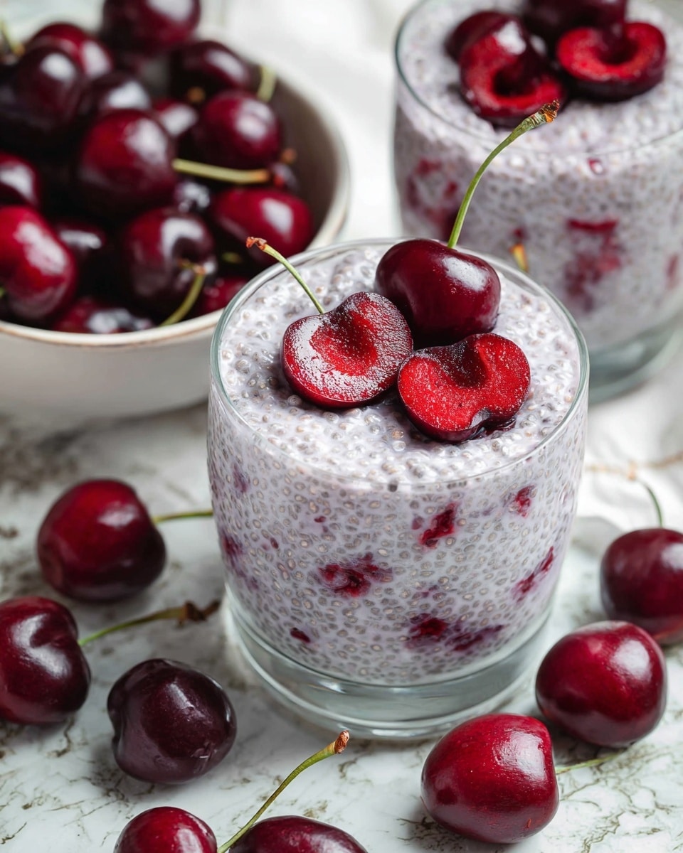 A clear glass filled with three layers of light purple chia pudding mixed with small pieces of dark red cherries, topped with one whole dark red cherry with the stem and two cherry halves placed on top, showing their juicy interiors. In the background, another glass with similar chia pudding and cherries can be seen. To the left, there is a white bowl filled with shiny dark red cherries. Several whole cherries are scattered around the glass on a white marbled surface. Photo taken with an iphone --ar 4:5 --v 7