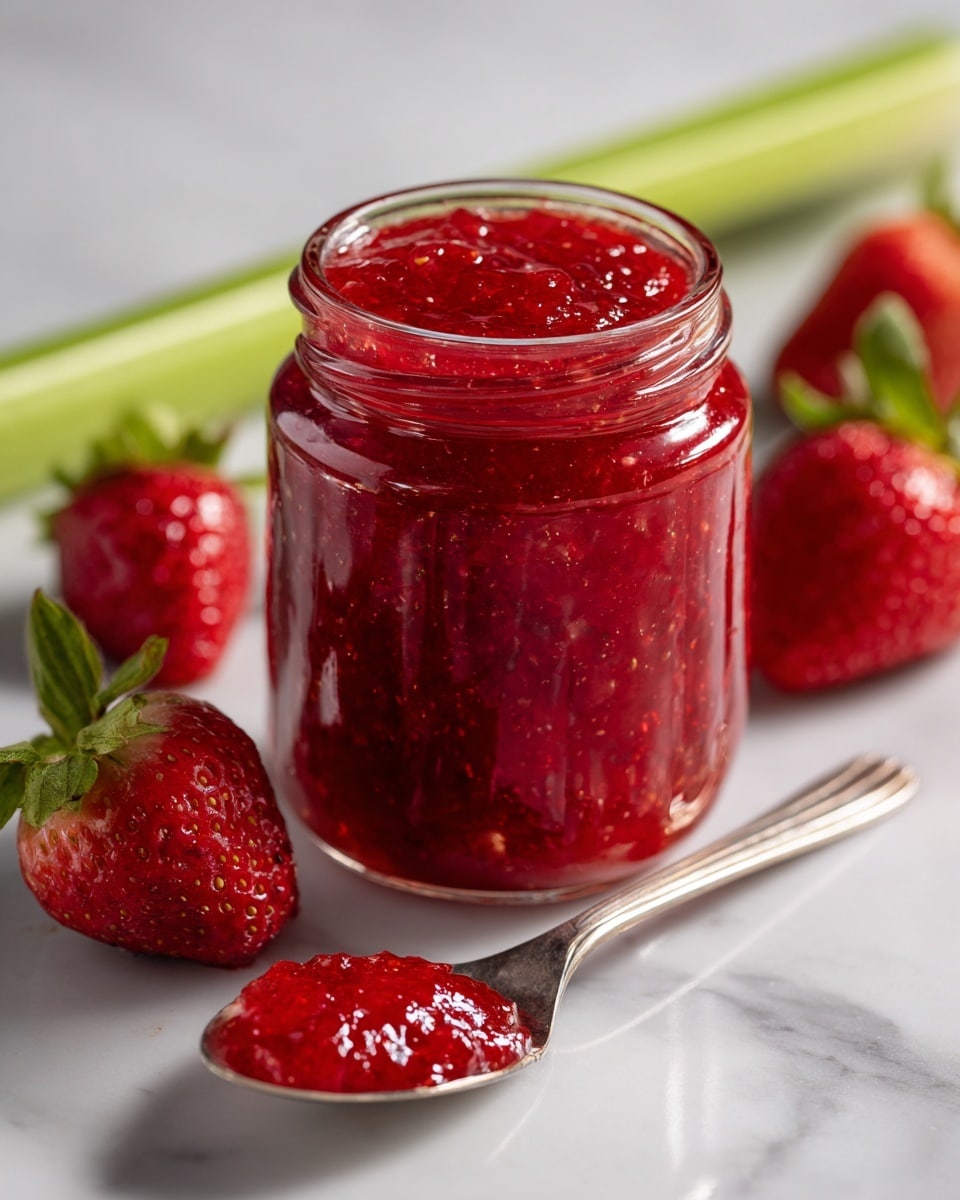 The image shows a clear glass jar filled with thick, bright red strawberry jam that looks chunky in texture. The jar sits on a white marbled surface with a light cloth underneath that has soft pink stripes. Around the jar, there are fresh whole strawberries scattered, which are bright red with green leaves on top. In the background, there is a slice of toasted bread spread with the same jam, slightly blurred. A spoon is placed at the bottom of the image holding some jam with a smooth, shiny look. photo taken with an iphone --ar 4:5 --v 7