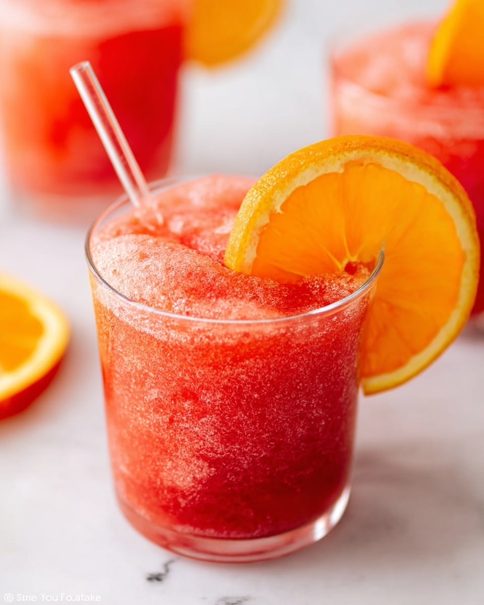 The image shows a clear glass filled with a bright red frozen drink with a rough icy texture on top. A thin slice of orange rests on the rim of the glass, adding a pop of bright orange and yellow color against the red drink. A clear straw is inserted into the drink near the orange slice. Other similar glasses with the same red frozen drink and orange slice are blurred in the background on a white marbled surface. photo taken with an iphone --ar 4:5 --v 7