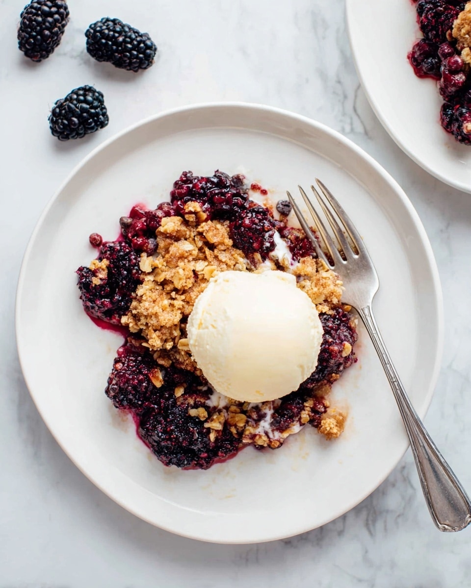 A white plate holds a dessert with three main layers: the bottom layer is made of dark purple-black crushed blackberries mixed with a golden oat crumble that has a rough texture and some visible dark chocolate chips, the middle layer is small bits of white cream peeking through the fruit and crumble, and the top layer is a smooth, round scoop of pale vanilla ice cream centered on the plate. A silver fork lies on the right side of the plate, with a white marbled surface underneath and a few whole blackberries scattered around. Photo taken with an iphone --ar 4:5 --v 7
