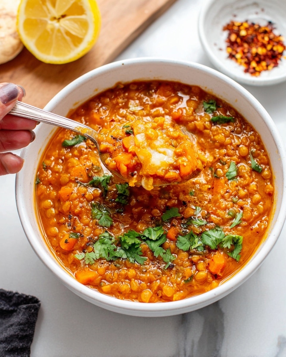 A white bowl filled with thick orange-red lentil stew, showing soft lentils and small pieces of carrot mixed in a rich, slightly oily broth. The stew is topped with fresh green cilantro leaves scattered on top. A spoon is lifting a scoop of the stew, showing a creamy texture beneath the lentils. In the background, there is a yellow lemon half and a small white bowl with red chili flakes on a white marbled surface. A woman's hand holding the spoon is visible on the left side of the image. Photo taken with an iphone --ar 4:5 --v 7
