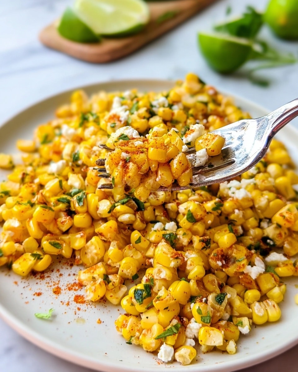 The image shows a close-up of cooked corn kernels on a white plate with a white marbled surface underneath. The corn is bright yellow, mixed with small bits of green herbs and small white cheese crumbles scattered on top. There is a slight sprinkling of red seasoning over the corn, adding a touch of orange-red color. A silver fork holding a small amount of the corn mixture is in the foreground, and in the background, blurred lime wedges add a splash of green. The photo taken with an iphone --ar 4:5 --v 7
