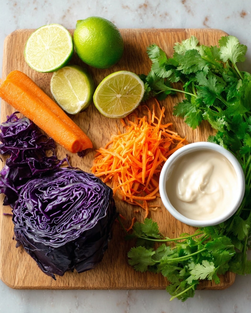 The image shows a wooden board with various fresh ingredients arranged on it. On the left, there is a large piece of dark purple cabbage with some shredded pieces below it. Next to the cabbage are three lime wedges, with a whole lime above them. Toward the center, an orange carrot is placed diagonally, with some shredded carrot in front of it. On the right side, there is a small white bowl filled with creamy white sauce, and fresh green cilantro leaves with stems are spread around the bowl and extending to the right edge of the board. The surface is a white marbled texture. Photo taken with an iphone --ar 4:5 --v 7