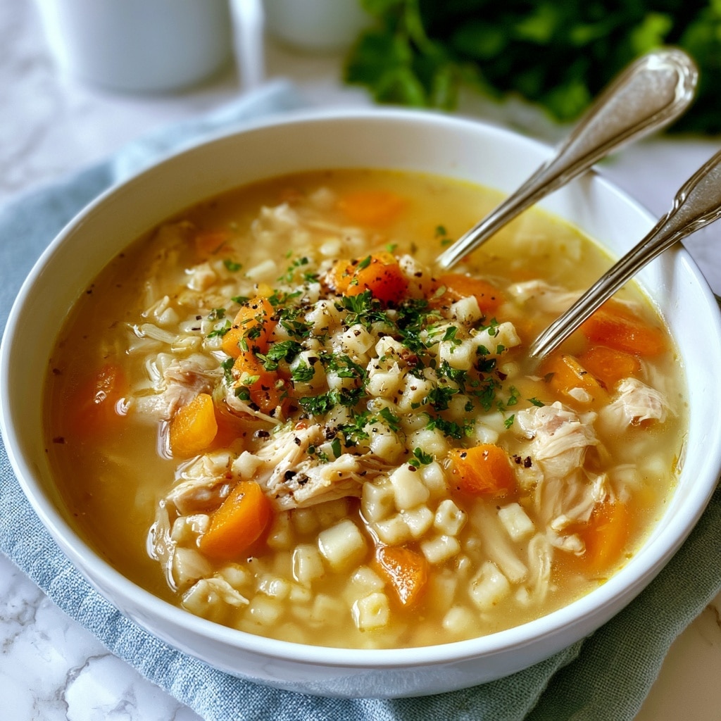 The image shows a white bowl filled with creamy chicken noodle soup placed on a white marbled surface. The soup has a light yellow broth with visible small pieces of chicken, orange carrot slices, small spiral pasta, and green parsley sprinkled on top. A silver spoon rests inside the bowl, with its handle leaning out. Behind the bowl, there is a large white slow cooker containing more soup with a black ladle inside. A soft striped cloth in white and light blue is partially visible beneath the bowl. In the blurred background, a small clear bowl holds extra chopped green herbs. The lighting is soft and natural, highlighting the textures and colors of the soup. Photo taken with an iphone --ar 4:5 --v 7