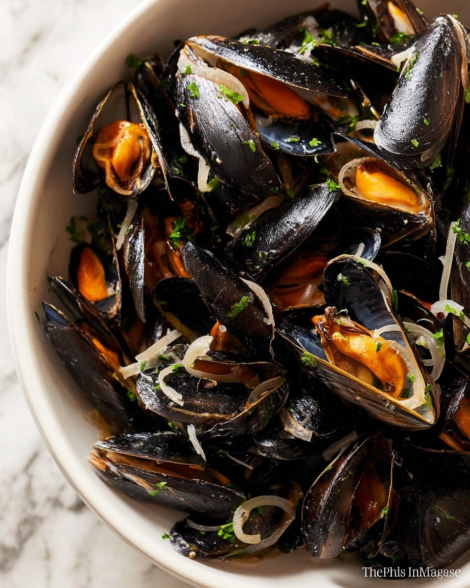 A close-up view of a white bowl filled with black mussels, their shells mostly open showing orange flesh inside. Thin, pale rings of onions are scattered evenly throughout the mussels along with small pieces of green herbs. The background is a white marbled surface. The mussels have a shiny, slightly wet look and are piled high, covering the entire bowl. photo taken with an iphone --ar 4:5 --v 7
