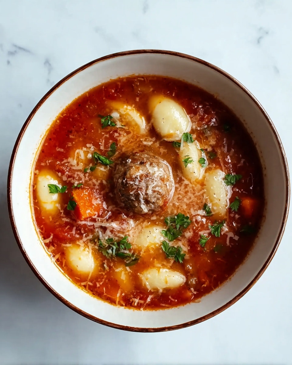 A white bowl with a thin brown rim holds a soup with three visible layers: the bottom layer is a thick red tomato broth, the middle layer has large white gnocchi pieces and orange carrot slices, and the top layer shows one round brown meatball in the center sprinkled with small green parsley leaves and some grated white cheese scattered around. The bowl sits on a white marbled surface photo taken with an iphone --ar 4:5 --v 7