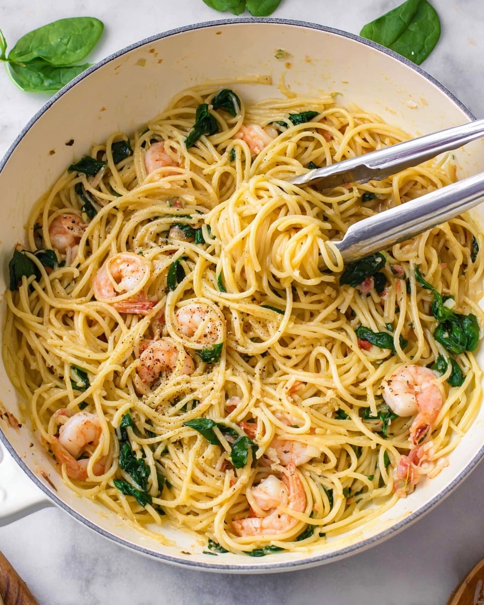 Inside a large white pan, there is one main layer of yellow spaghetti mixed with small pink shrimp and dark green wilted spinach scattered evenly throughout. The spaghetti has a light coating of sauce that gives it a slight glossy texture with small bits of cooked onions and a sprinkle of black pepper seasoning on top. Silver metal tongs hold some spaghetti in the center, showing the strands are soft and twisted. The pan rests on a white marbled surface with a few green spinach leaves nearby. photo taken with an iphone --ar 4:5 --v 7
