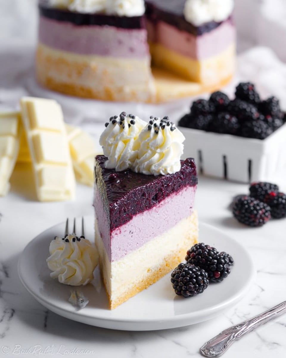 The image shows a slice of layered cake on a white plate with a white marbled surface underneath. The cake has three main layers: a bottom layer of light yellow sponge cake with a soft texture, a thick middle layer of light pink creamy filling with small red berry bits, and a top glossy dark purple layer of berry jelly. There are two light cream swirls on top of the slice, and a blackberry partly visible near the cream. In the foreground, a fork holds a piece of cake showing clearly the yellow sponge and pink filling layers. Some fresh blackberries are scattered around the plate. Photo taken with an iphone --ar 4:5 --v 7