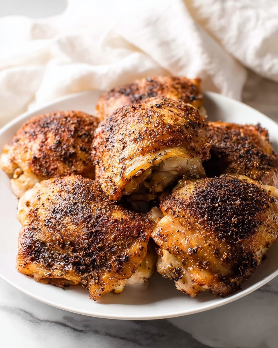 A close-up view of six pieces of cooked chicken thighs with crispy, dark brown skin and seasoning spread across each piece. The chicken thighs have a slightly uneven texture with some golden and light brown spots. They are arranged randomly on a white plate placed on a white marbled surface, with a soft white cloth partially visible at the bottom left. The background is softly blurred, drawing focus to the rich, textured chicken skin photo taken with an iphone --ar 4:5 --v 7