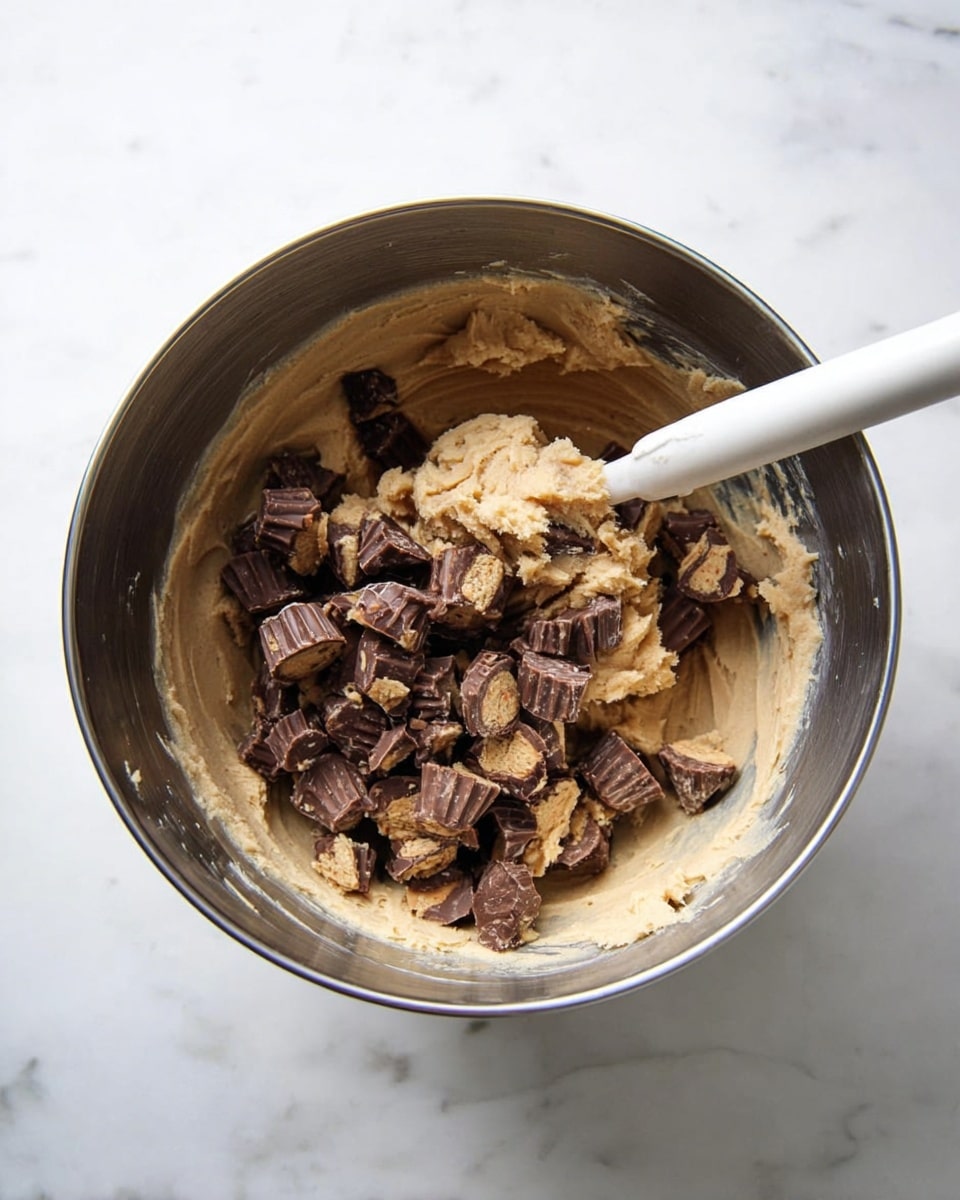 A metal bowl holds light beige cookie dough with a soft, creamy texture as the bottom layer, spread unevenly inside the bowl. On top, there are many small pieces of chopped peanut butter cups with a rough texture, showing dark brown chocolate and light tan peanut filling. A white mixing spoon is inserted into the bowl, lifting some of the cookie dough and candy pieces together in the center. The bowl is placed on a white marbled surface. photo taken with an iphone --ar 4:5 --v 7