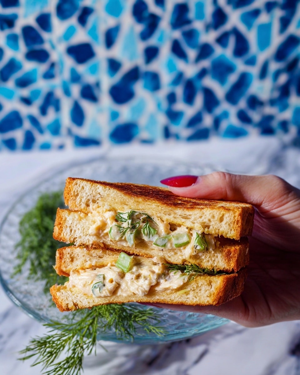 A close-up view of a toasted sandwich held by a woman's hand with painted nails, showing two slices of golden-brown bread with a crispy texture. Inside the sandwich, there is one thick layer of creamy filling mixed with small chunks of green herbs and light green pieces, giving a fresh look. The sandwich is held over a clear glass plate, which sits on a white marbled surface with a blue tiled pattern. In the background, a small bunch of green fresh dill adds a touch of color. photo taken with an iphone --ar 4:5 --v 7
