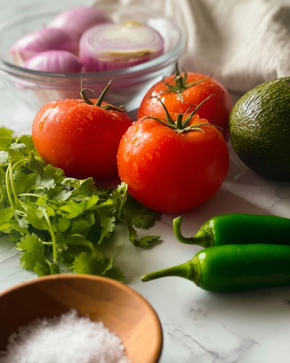 The image shows a close-up of fresh ingredients placed on a white marbled surface. In the foreground, there are bright red tomatoes still attached to green stems, positioned centrally. To the right is a whole, green avocado with a textured skin, and two smaller green jalapeños nearby. At the bottom left of the image, vibrant green leafy cilantro fills the corner. A small wooden bowl filled with white granulated salt sits just in front of the tomatoes. In the background, there is a clear glass bowl containing large pieces of purple and white onion, partially blurred, with a soft cloth draped behind it. The colors are vivid with a natural light highlighting the freshness of the produce. photo taken with an iphone --ar 4:5 --v 7