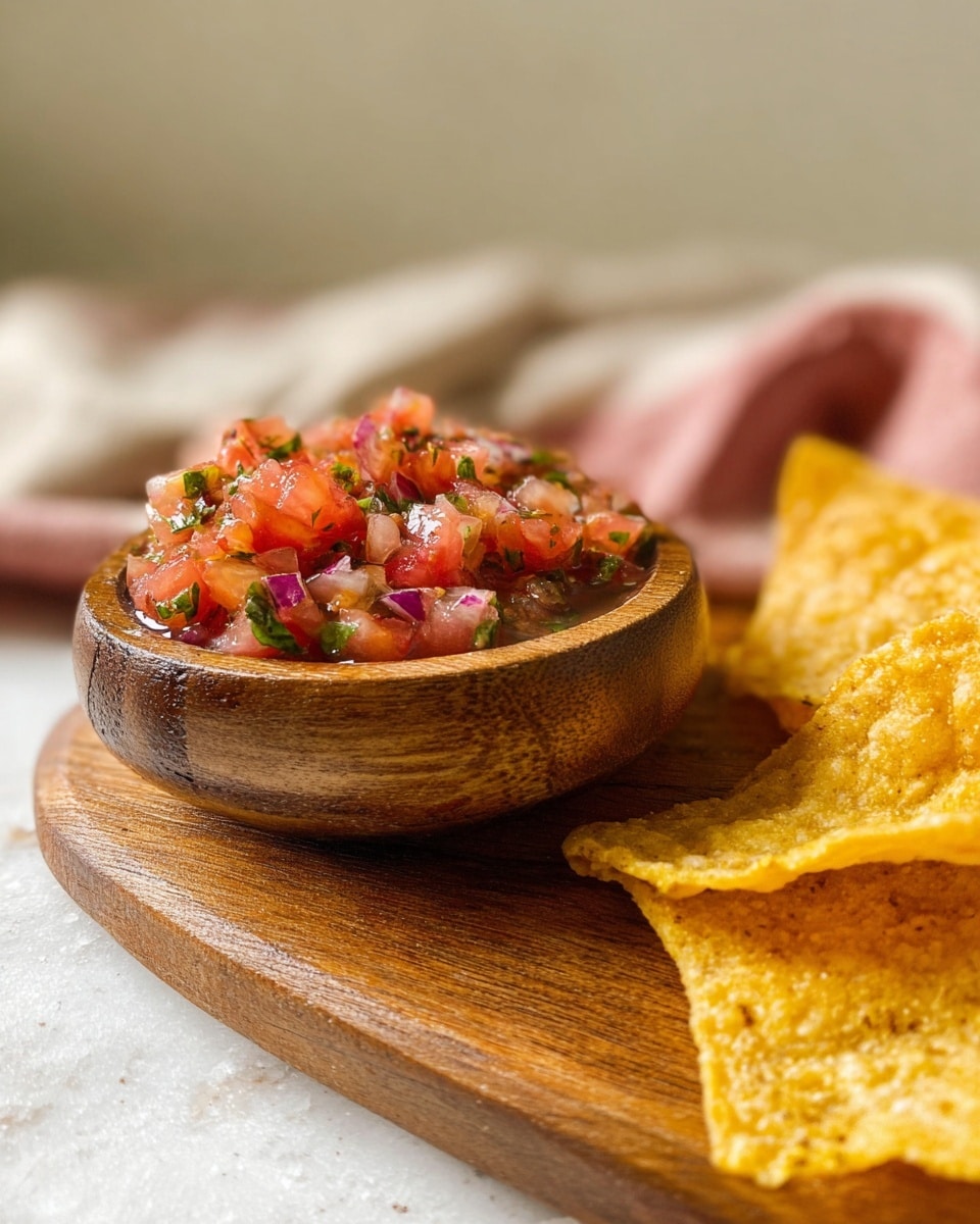 A small round wooden bowl sits on a white marbled surface, filled with a chunky salsa made of bright red diced tomatoes mixed with finely chopped green herbs and bits of purple onion visible throughout. Near the bowl are crisp, golden-yellow corn tortilla chips, textured with small air bubbles and slight browning. The background shows a soft beige wall with folded cloths in cream and pink colors softly blurred. photo taken with an iphone --ar 4:5 --v 7