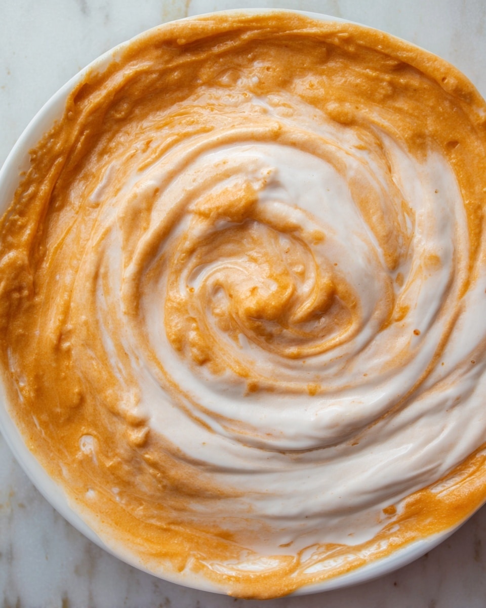 A close-up view of a creamy dish with two main layers swirled together, one layer is a light orange color with a smooth, slightly chunky texture, while the other layer is a white creamy streak blending through the orange layer in a spiral pattern. The dish is presented in a white plate with the swirls extending out to the edges. The surface underneath the plate is a white marbled texture. photo taken with an iphone --ar 4:5 --v 7