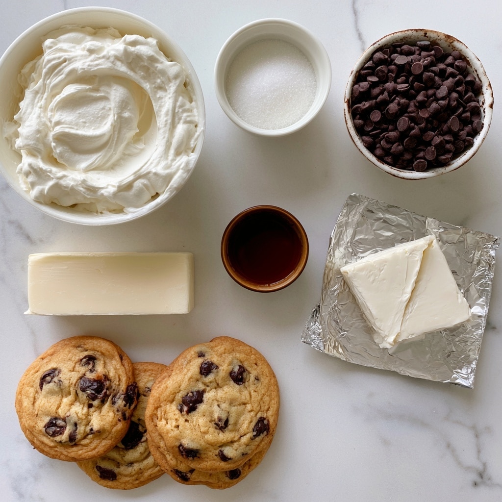 The image shows seven ingredients placed neatly on a white marbled surface. At the top left, there is a white bowl filled with soft, fluffy whipped cream showing swirls on the surface. Next to it, towards the top center, a small white bowl contains fine white granulated sugar. At the top right, mini chocolate chips fill a white bowl with a rustic edge. Below that, on the right, is an open silver foil package with two triangular blocks of white cream cheese. Below the sugar bowl, near the center, there is a small brown cup holding a dark brown liquid vanilla extract. Moving left, a rectangular piece of pale salted butter with a smooth texture lies flat. At the bottom left, four round chocolate chip cookies with golden-brown surfaces and dark chocolate chunks are stacked. The arrangement is clean and simple with no additional props. Photo taken with an iphone --ar 4:5 --v 7