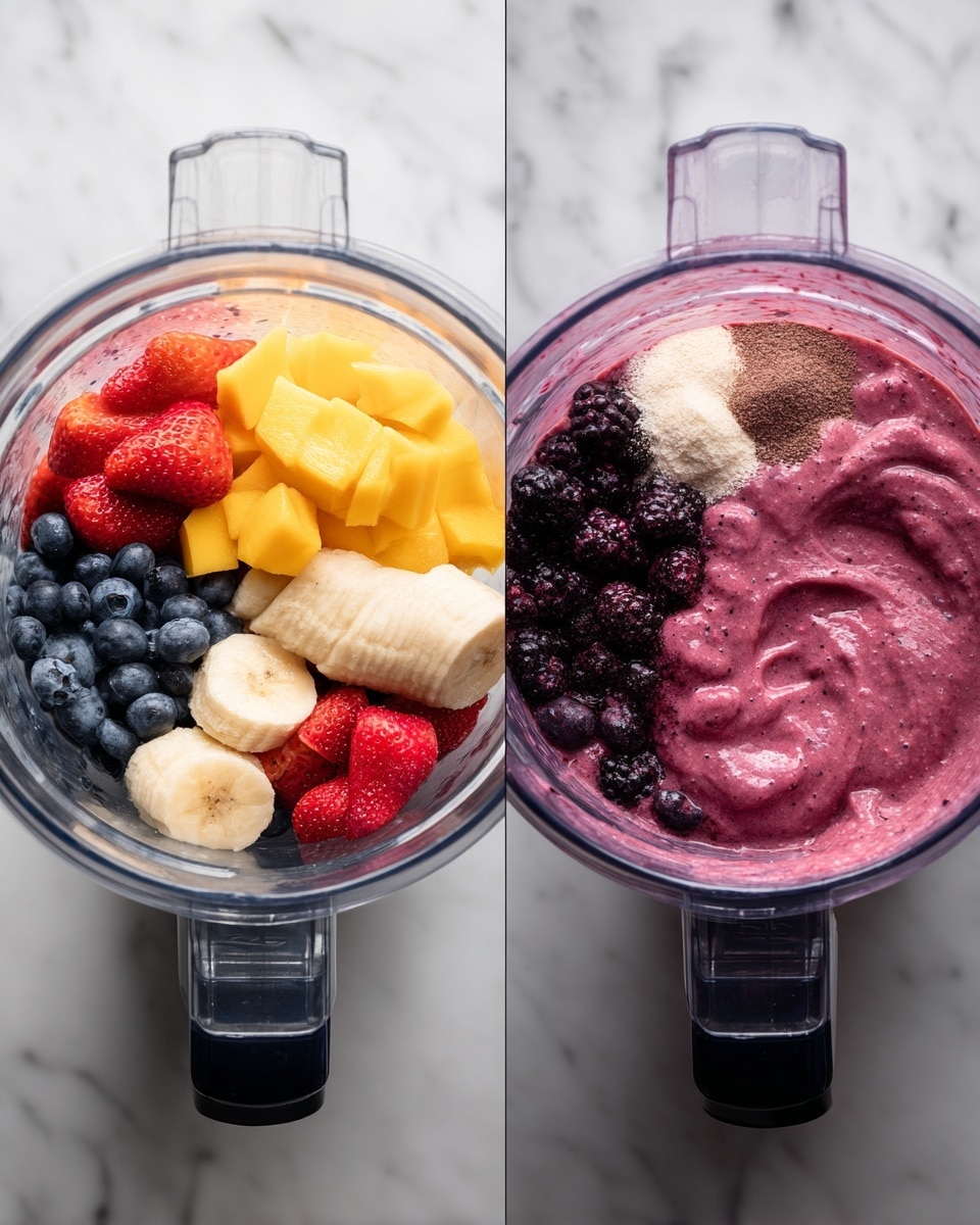 The image shows two views of a blender with fresh ingredients and a smoothie. In the first view, inside the clear blender container, there are many colorful layers: orange mango pieces, red strawberries, dark blueberries, a light beige banana slice, white yogurt, and a dark brown powder on top, all placed separately and not mixed. In the second view, the blender is filled with a smooth purple-red smoothie made by mixing all the ingredients, with a creamy, thick texture on a white marbled surface. photo taken with an iphone --ar 4:5 --v 7