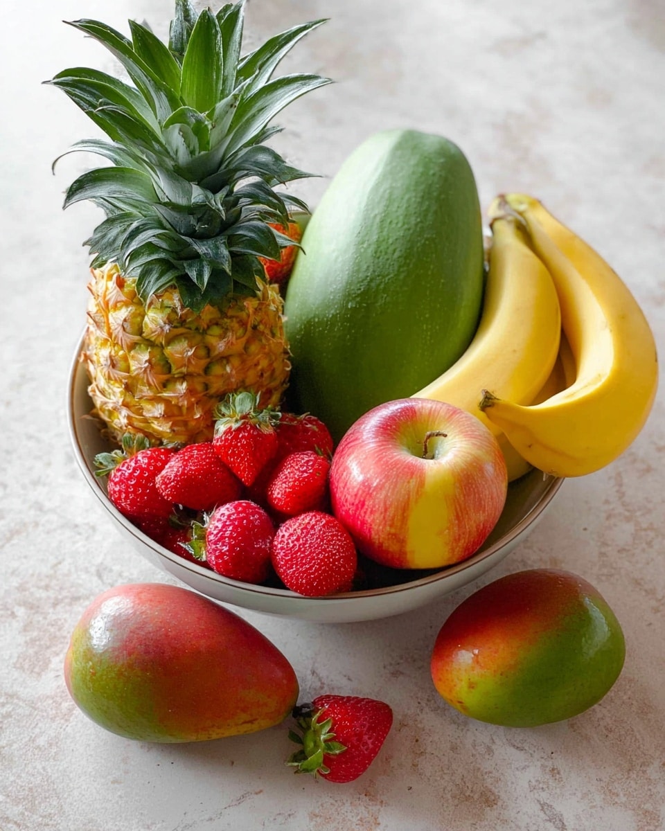 A white bowl full of different fruits is shown on a white marbled surface. Inside the bowl, at the back, there is a pineapple with green leaves and yellow skin, next to a large green papaya on the right. To the right side of the bowl, a bunch of three yellow bananas curves along the edge. In front of the papaya and pineapple, there is a red and yellow apple. In front of the apple, a cluster of bright red strawberries with green tops fills the front space. To the left, next to the pineapple, there is a green and red mango. Outside the bowl, on the white marbled surface, there is another red and yellow apple near a small group of strawberries. photo taken with an iphone --ar 4:5 --v 7