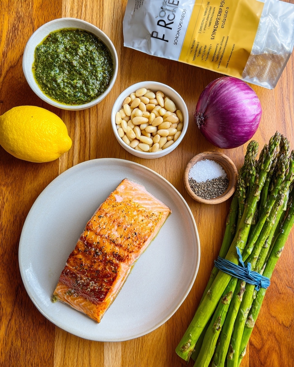 A piece of cooked salmon with a crispy golden brown top layer sits centered on a white plate, showing a slightly flaky texture on the edges. Below the plate to the left, a small white bowl holds green pesto sauce with a rough texture. Below that, a second small white bowl is full of pale pine nuts with a shiny surface. To the right of the pine nuts lies a bunch of green asparagus stalks tied with a blue tie, their tips detailed and fresh looking. Above the asparagus, a whole purple onion with a smooth dry surface rests near the center. Above the onion, a small white bowl contains salt and black pepper in separate piles. To the left of that bowl is a yellow lemon with a bumpy texture. In the top right corner, a white bag labeled